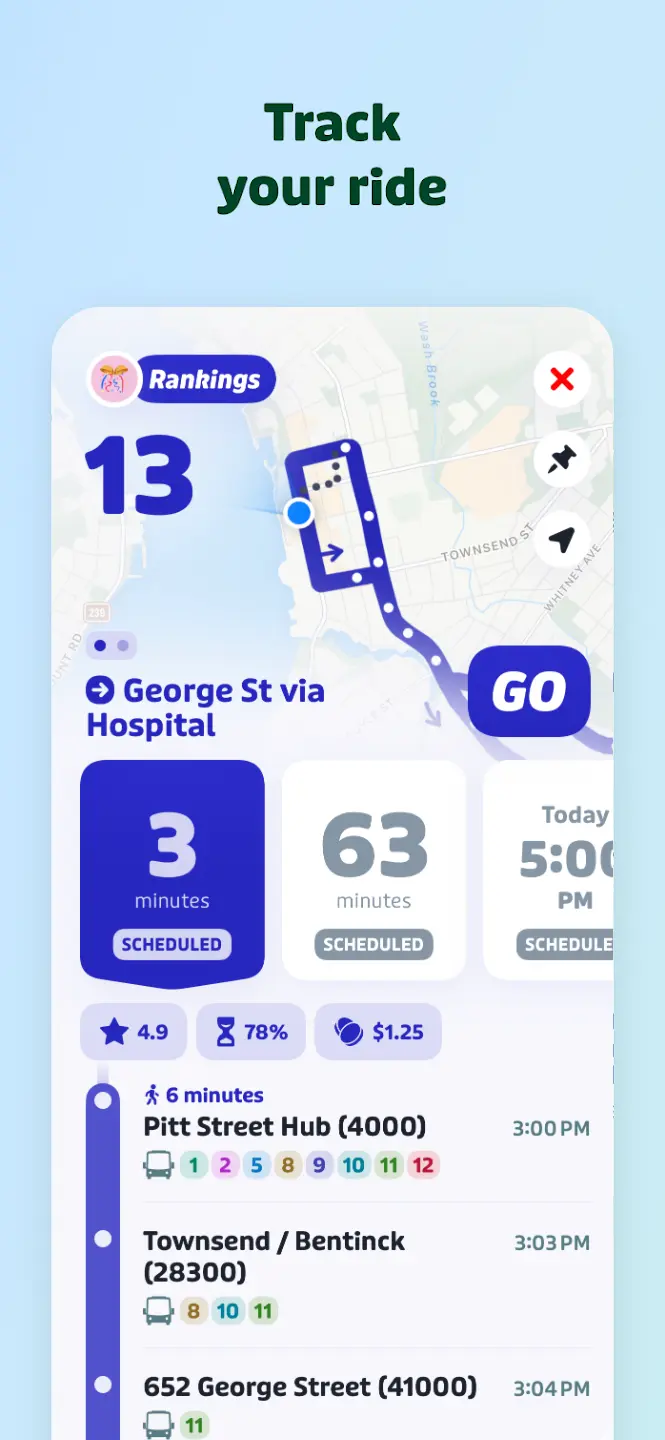 Smartphone displaying the Transit app with the text “Track your ride” above it. The screen shows Route 13 George Street via Hospital with estimated departure times of 3 minutes, 63 minutes and today at 5:00 p.m. Below, the route is rated 4.9 stars by riders, 78% say it arrives on time and the fare is $1.25 cash per ride. The lower part of the screen shows step-by-step directions to the bus stop and upcoming stops with estimated arrival times.